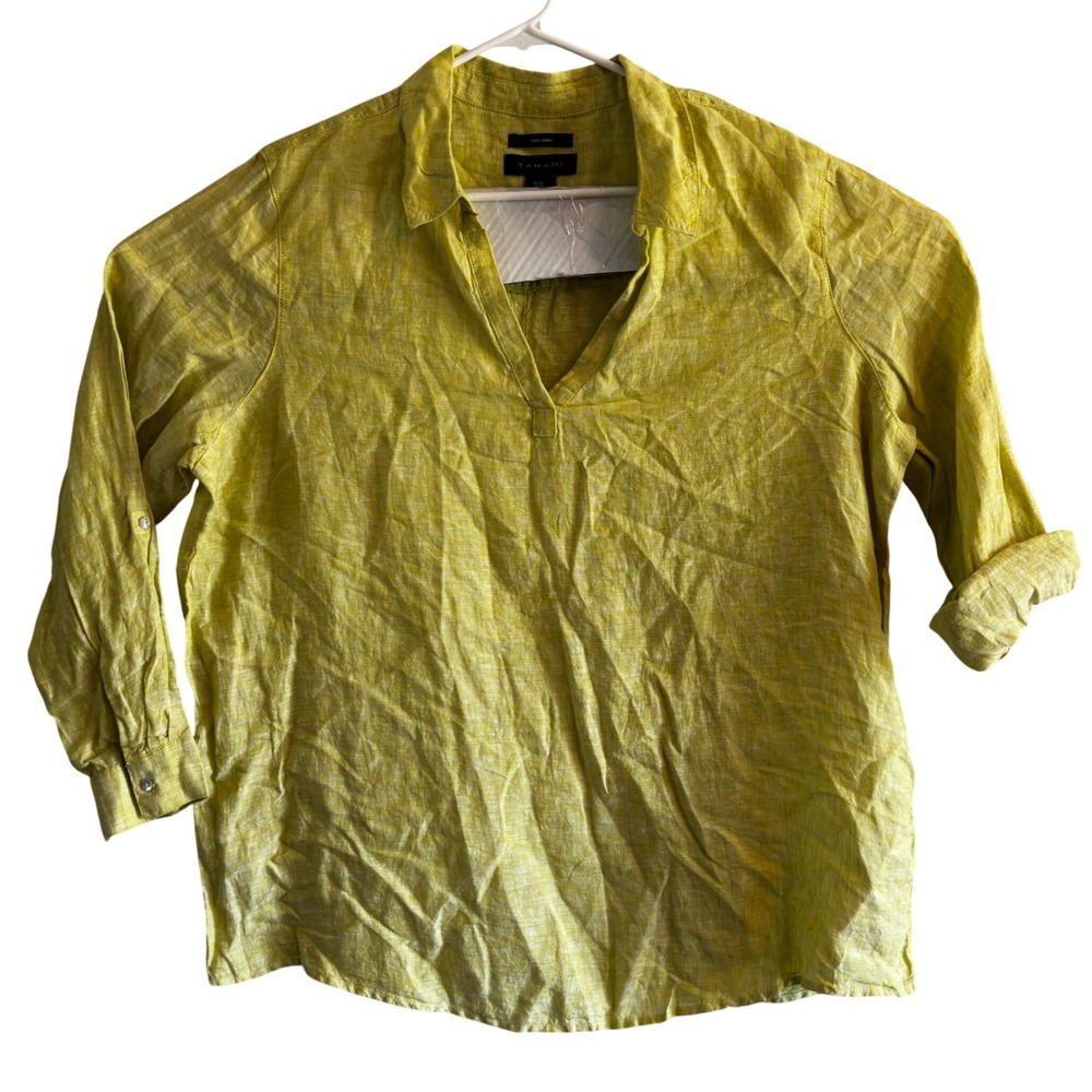 Tahari 100% Linen Lime Green V-Neck Button Back Roll Tab Blouse 2X Popover Shirt